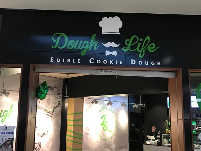 Storefront Sign for Dough Life in Greenwood Park Mall, IN