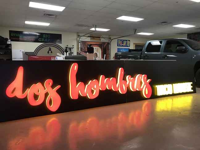 Storefront Sign, Illuminated, Acrylic, Dimensional, Face and Side lit Letters for Dos Hombres in Circle Center Mall Indianapolis