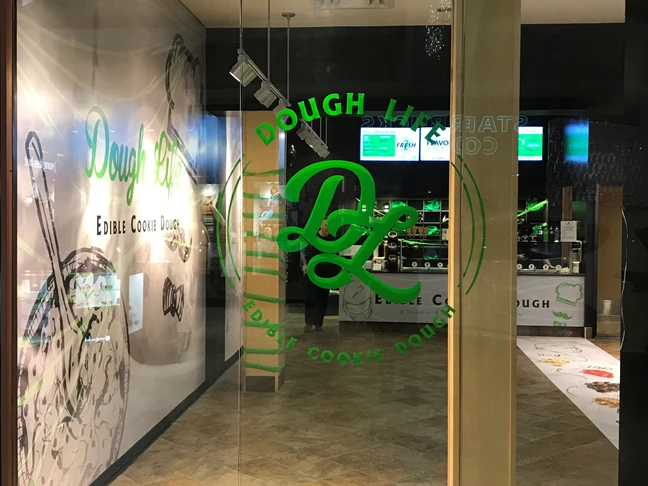 Window decals for Dough Life in Greenwood Park Mall, IN