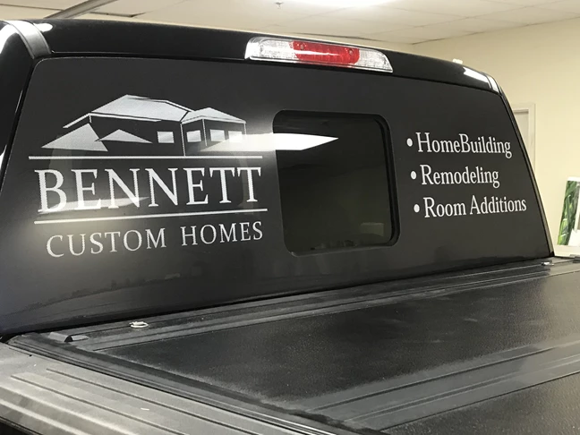 Back window wrap and lettering, decals for Bennett Custom Homes in Indianapolis