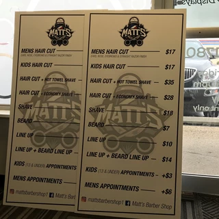 Matts Barber Shop Price List Board in Greenwood,IN